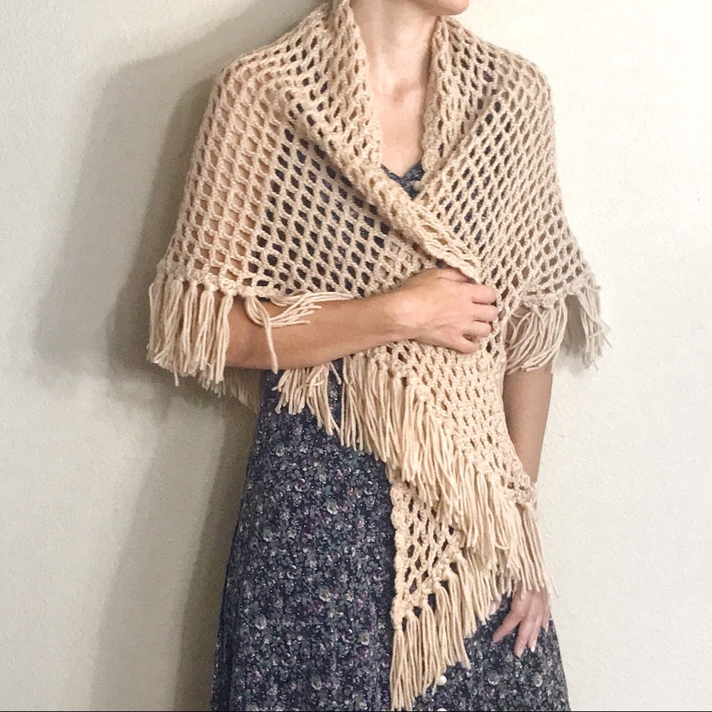 handmade tan crochet shawl shrug wrap one size
